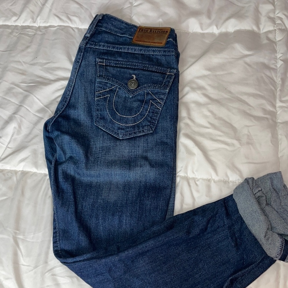True Religion, denim jeans with flap.